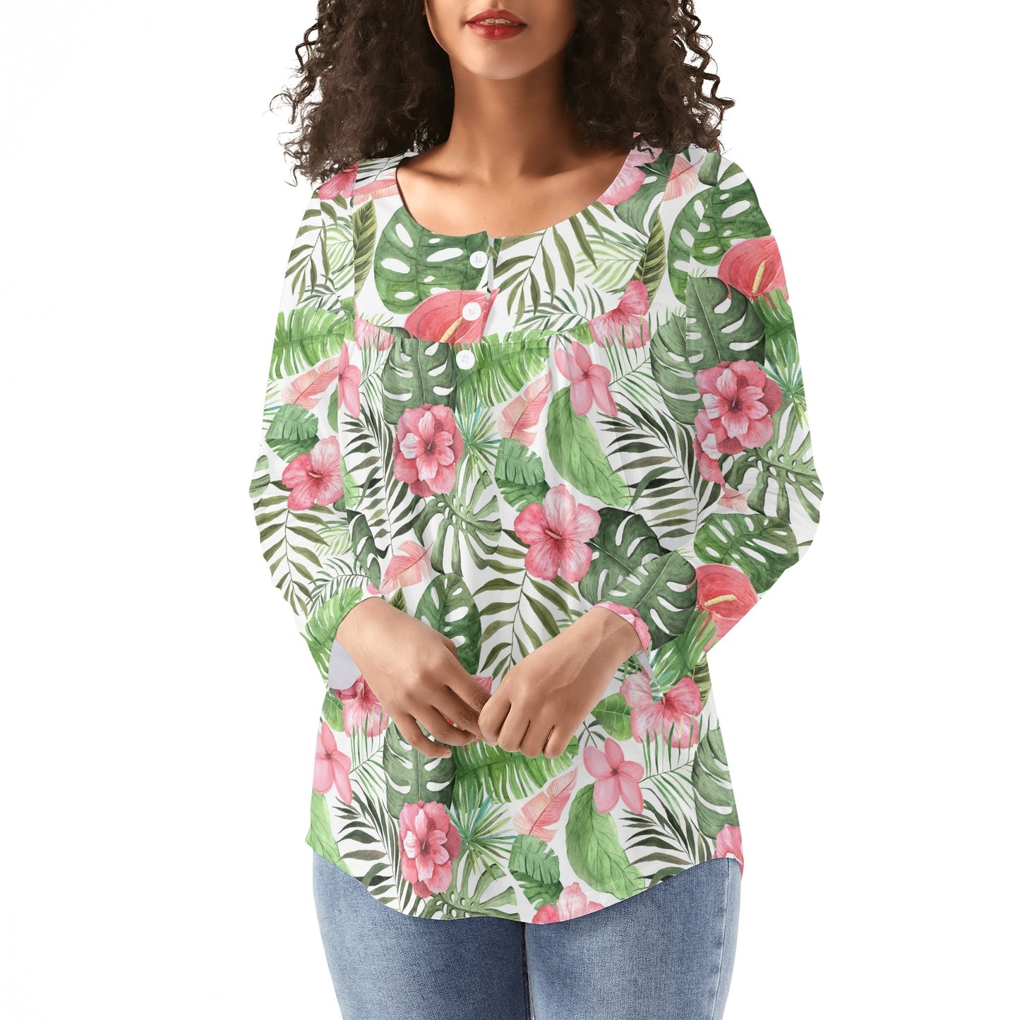 Tropical Dreams | Women's Long Sleeve Loose Flare Blouse - Avail in Plus Sizes