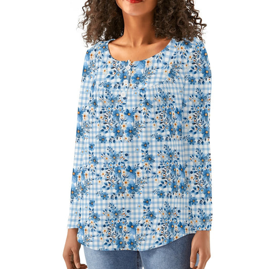 Retro Blue Floral Gingham | Women's Long Sleeve Loose Flare Blouse - Avail in Plus Sizes