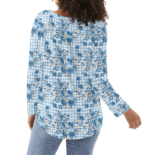 Retro Blue Floral Gingham | Women's Long Sleeve Loose Flare Blouse - Avail in Plus Sizes