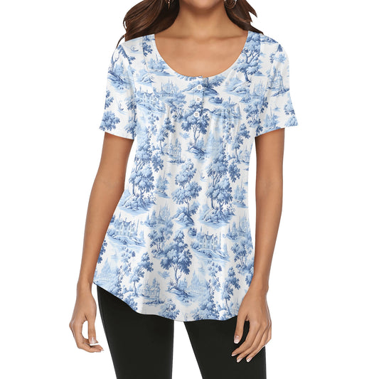 Blue Tree Toile | Womens Scoop Neck Short Sleeve Loose Blouse - Plus Sizes Available