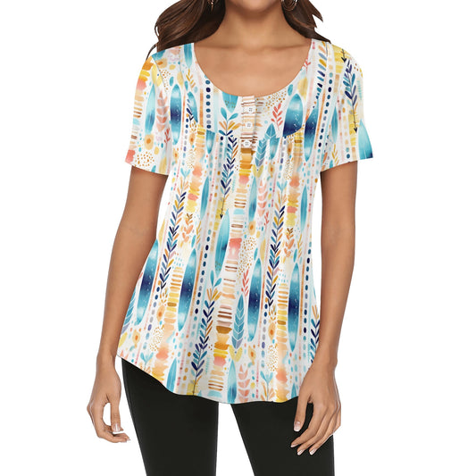 BOHO Drift | Womens Scoop Neck Short Sleeve Loose Blouse - Plus Sizes Available