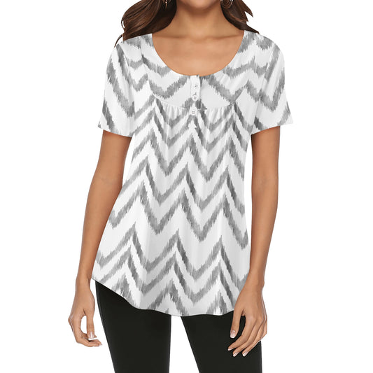 BOHO Watercoloured Chevrons | Womens Scoop Neck Short Sleeve Loose Blouse - Plus Sizes Available
