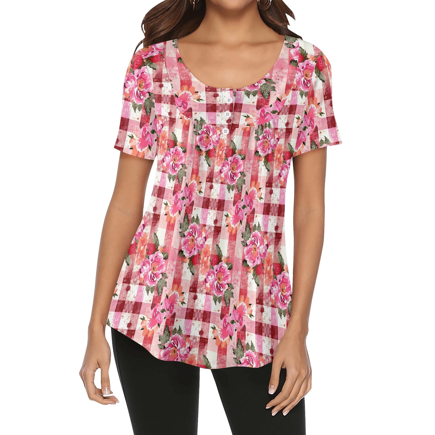 Grunge Floral Plaid | Womens Scoop Neck Short Sleeve Loose Blouse - Plus Sizes Available