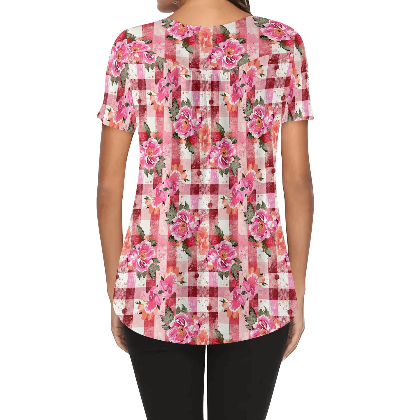 Grunge Floral Plaid | Womens Scoop Neck Short Sleeve Loose Blouse - Plus Sizes Available