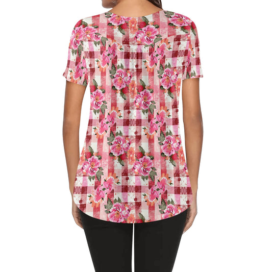 Grunge Floral Plaid | Womens Scoop Neck Short Sleeve Loose Blouse - Plus Sizes Available