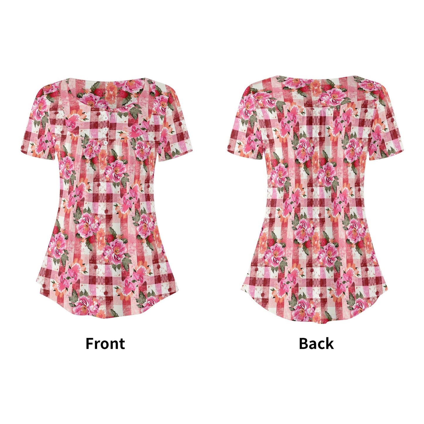 Grunge Floral Plaid | Womens Scoop Neck Short Sleeve Loose Blouse - Plus Sizes Available