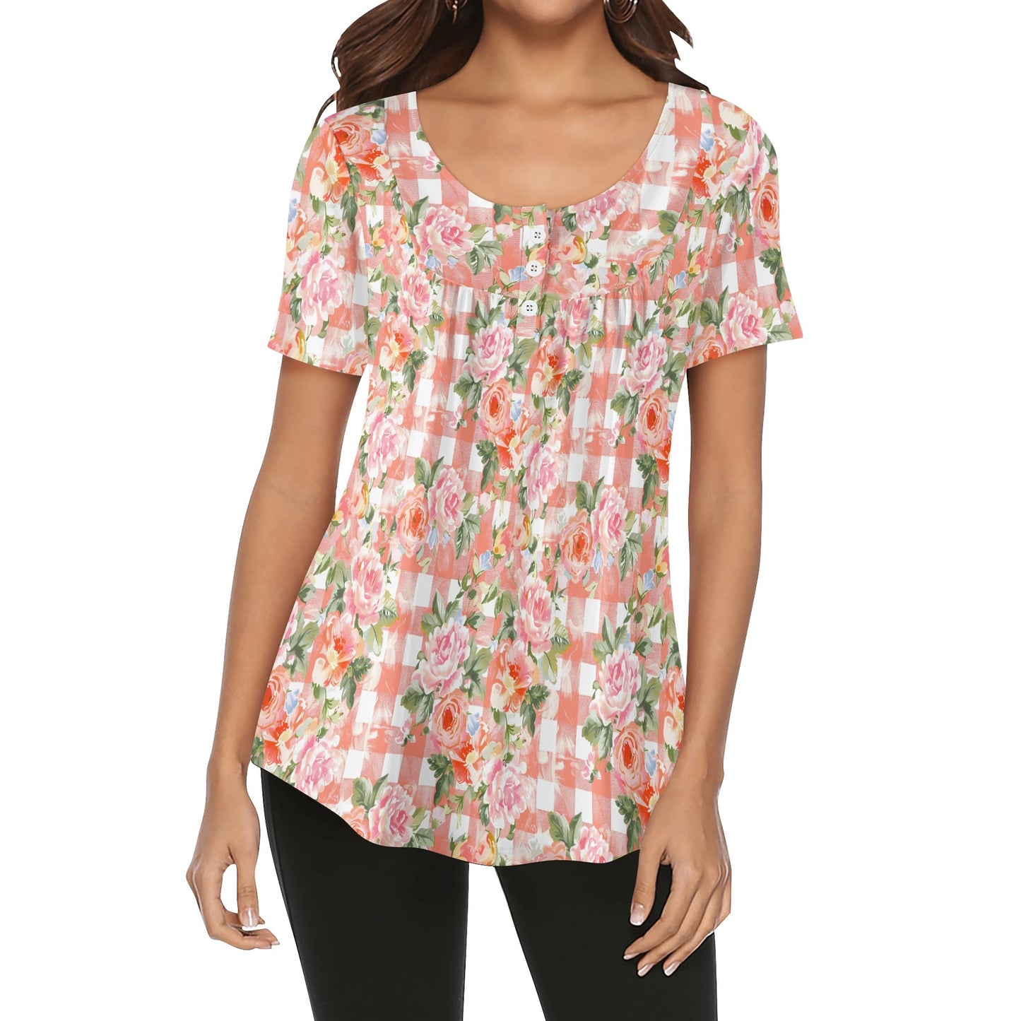 Grunge Floral Plaid | Womens Scoop Neck Short Sleeve Loose Blouse - Plus Sizes Available