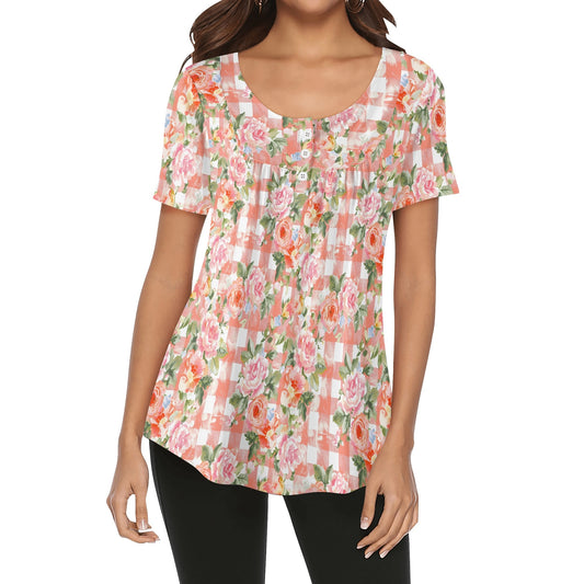 Grunge Floral Plaid | Womens Scoop Neck Short Sleeve Loose Blouse - Plus Sizes Available