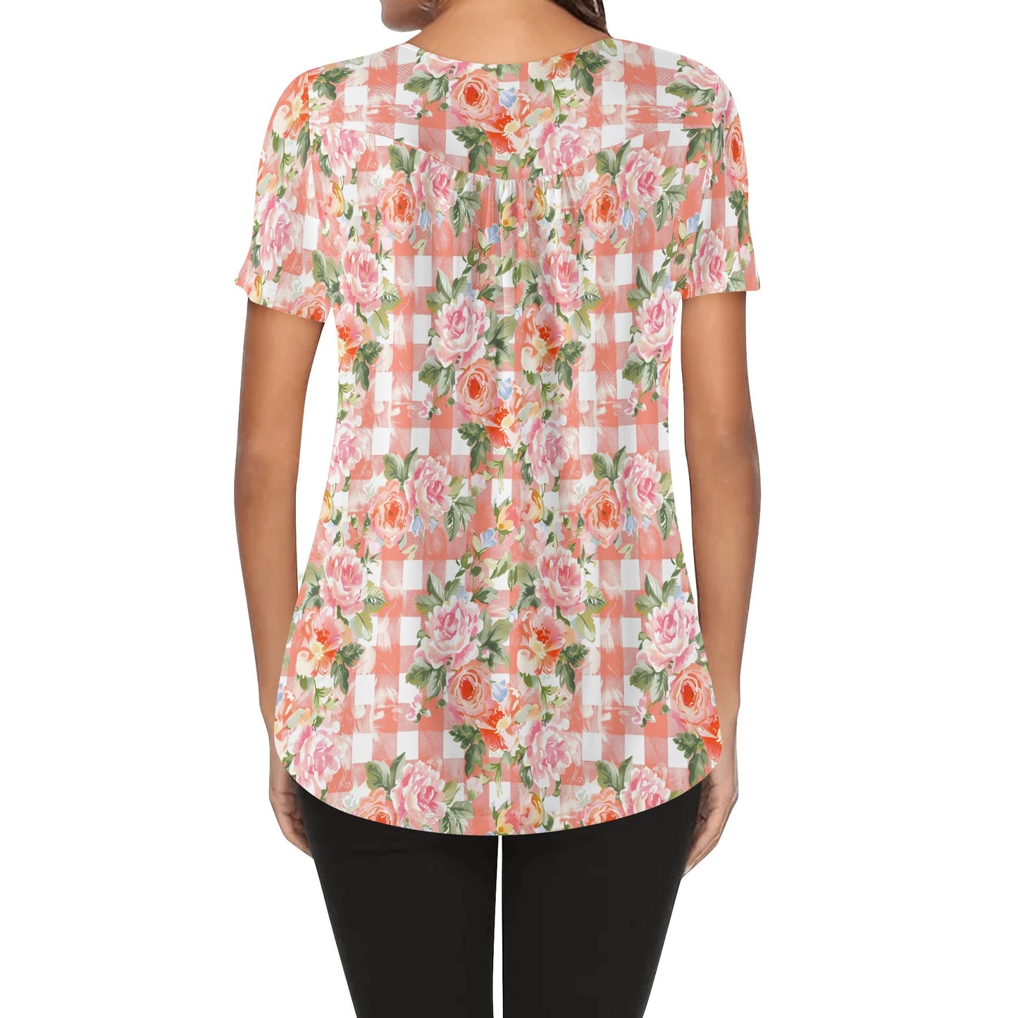 Grunge Floral Plaid | Womens Scoop Neck Short Sleeve Loose Blouse - Plus Sizes Available