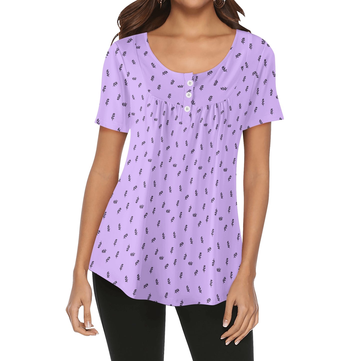 BOHO Leaves - Minimalist Design | Womens Scoop Neck Short Sleeve Loose Blouse - Plus Sizes Available - Purples