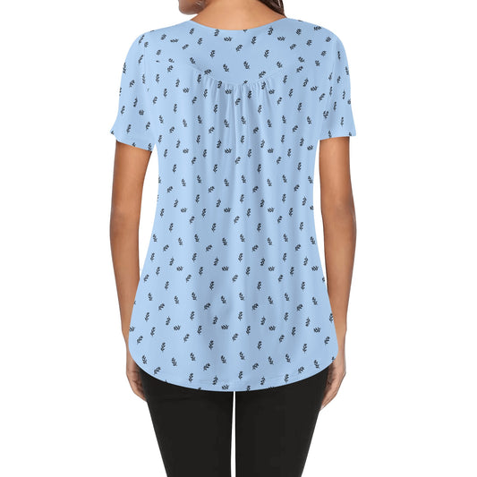 BOHO Leaves - Minimalist Design | Womens Scoop Neck Short Sleeve Loose Blouse - Plus Sizes Available - Blues