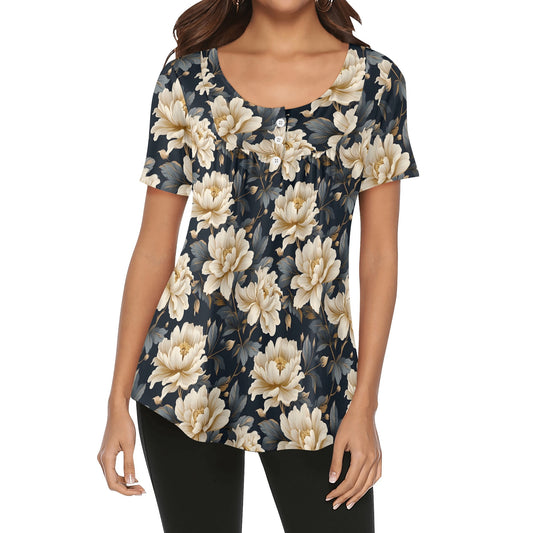 Florals Galore | Womens Scoop Neck Short Sleeve Loose Blouse - Plus Sizes Available