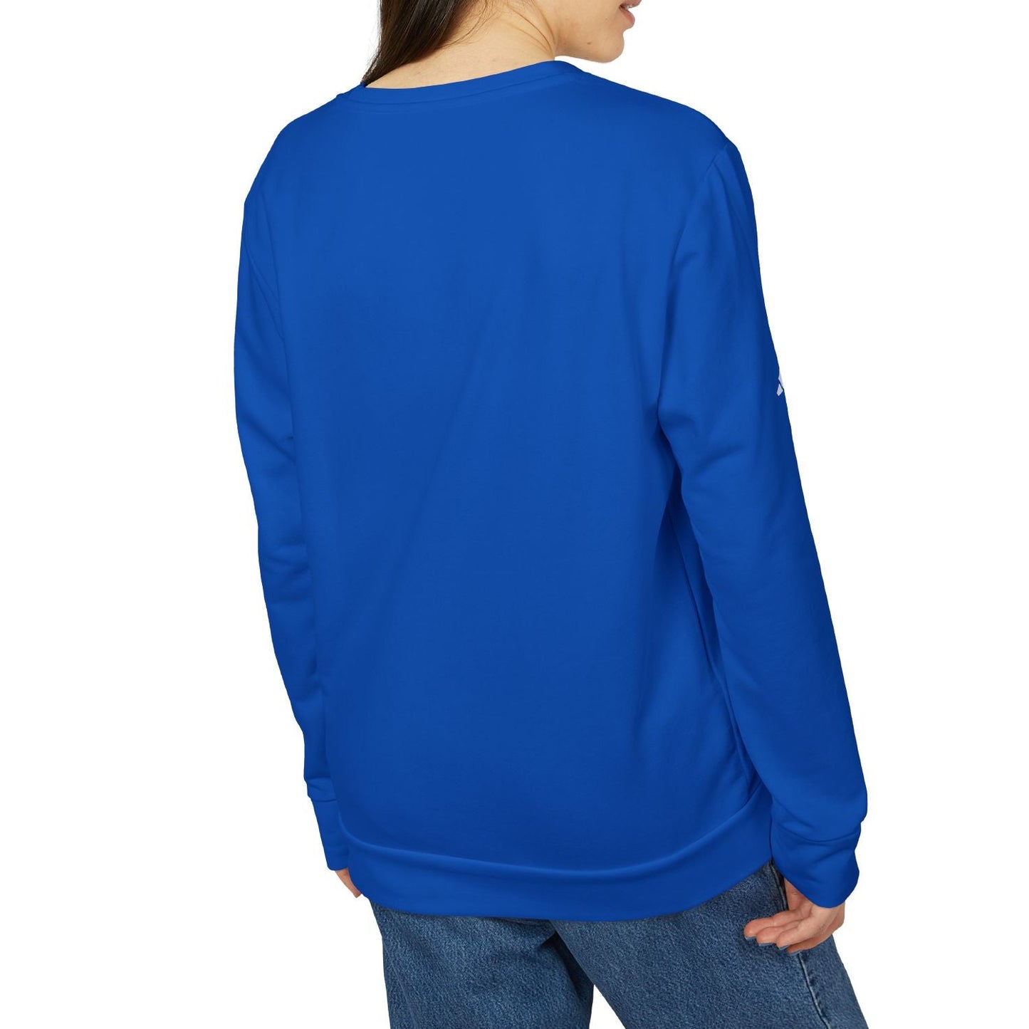 Person wearing a blue long-sleeve shirt on a white background
