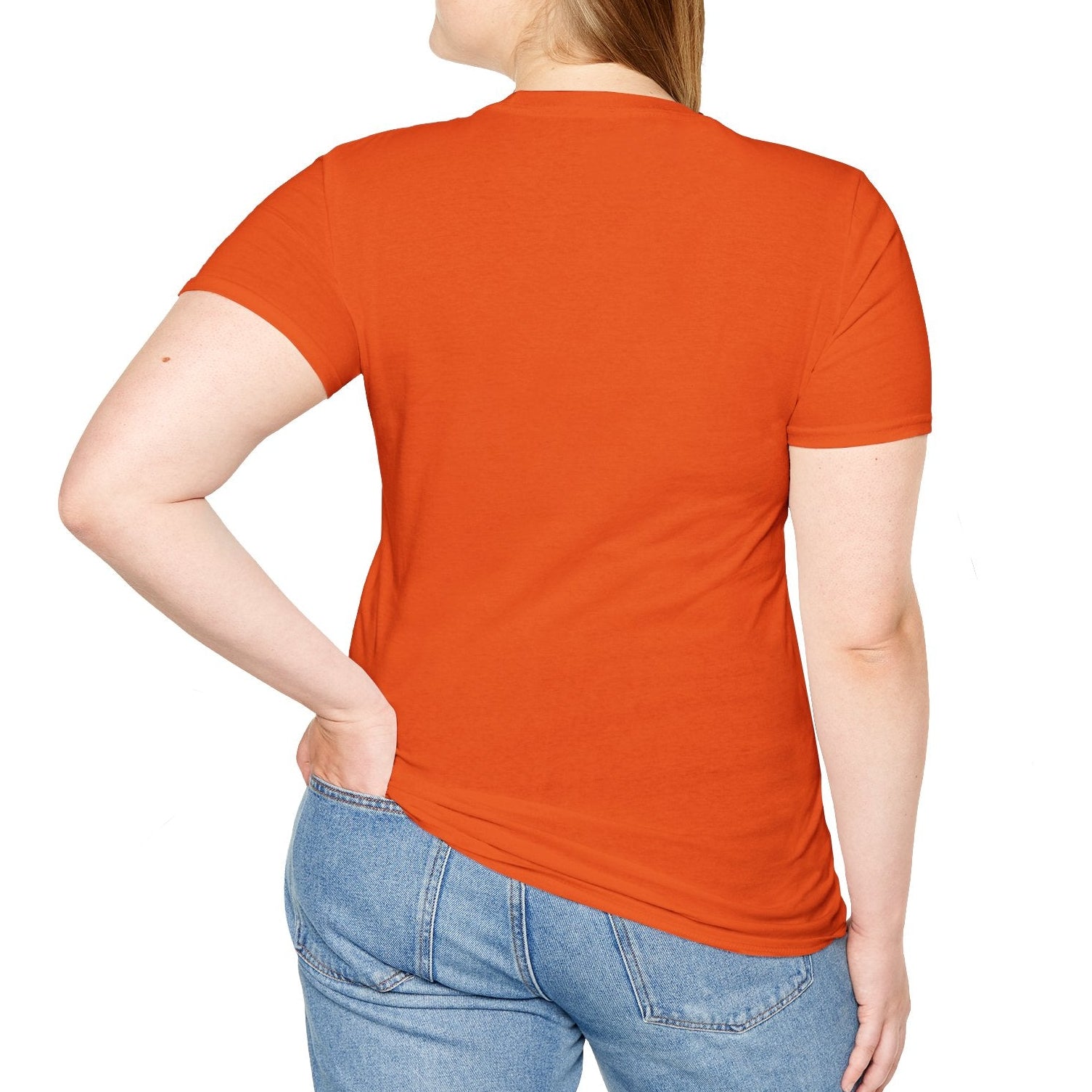 Person wearing an orange t-shirt and blue jeans on a white background