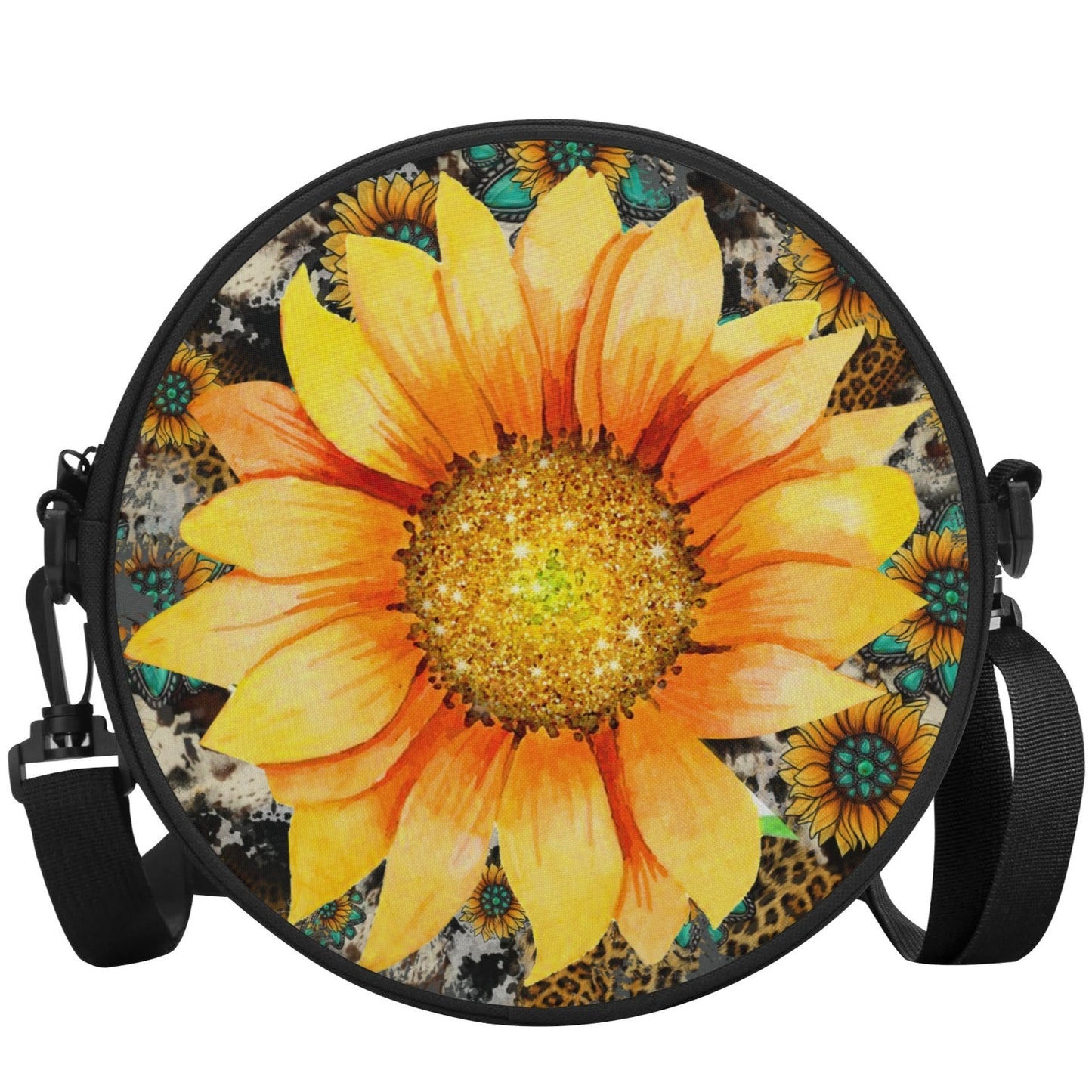 Round crossbody bag with a sunflower design on a white background
