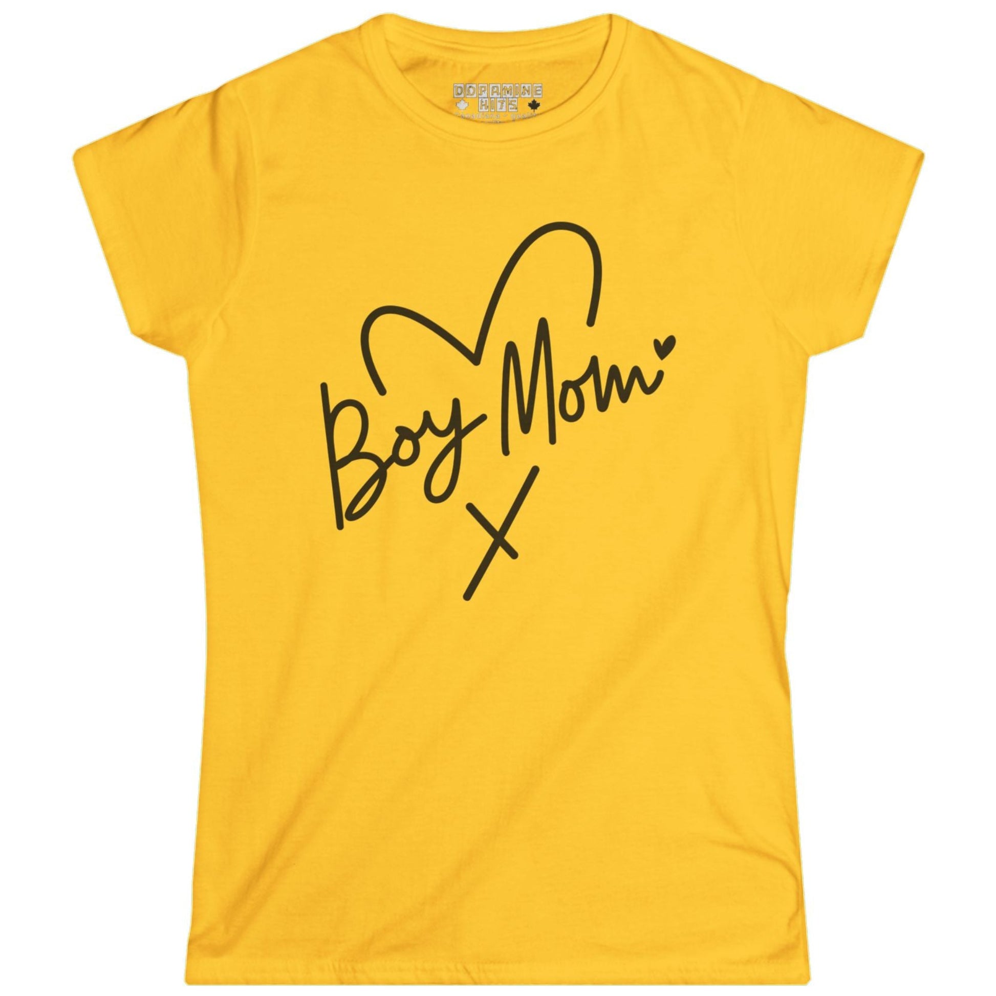 Yellow t-shirt with 'Boy Mom' text on a white background