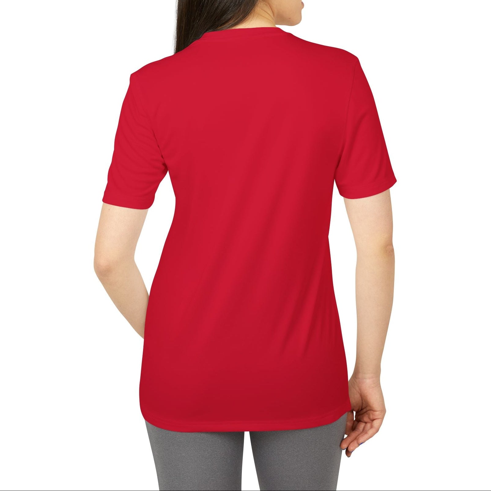 Person wearing a red t-shirt on a white background