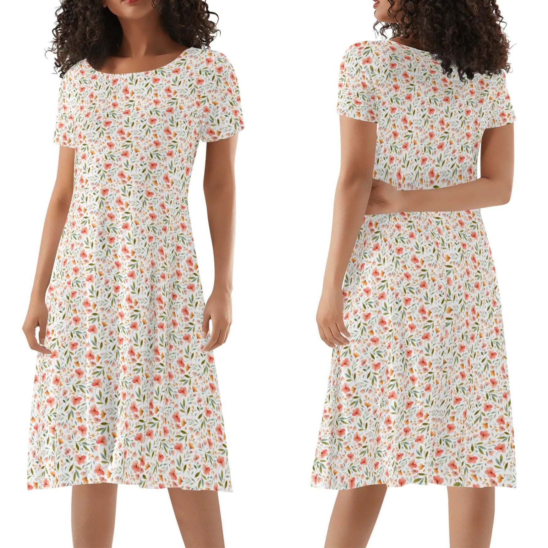 Woman wearing a floral dress from front and back views on a white background