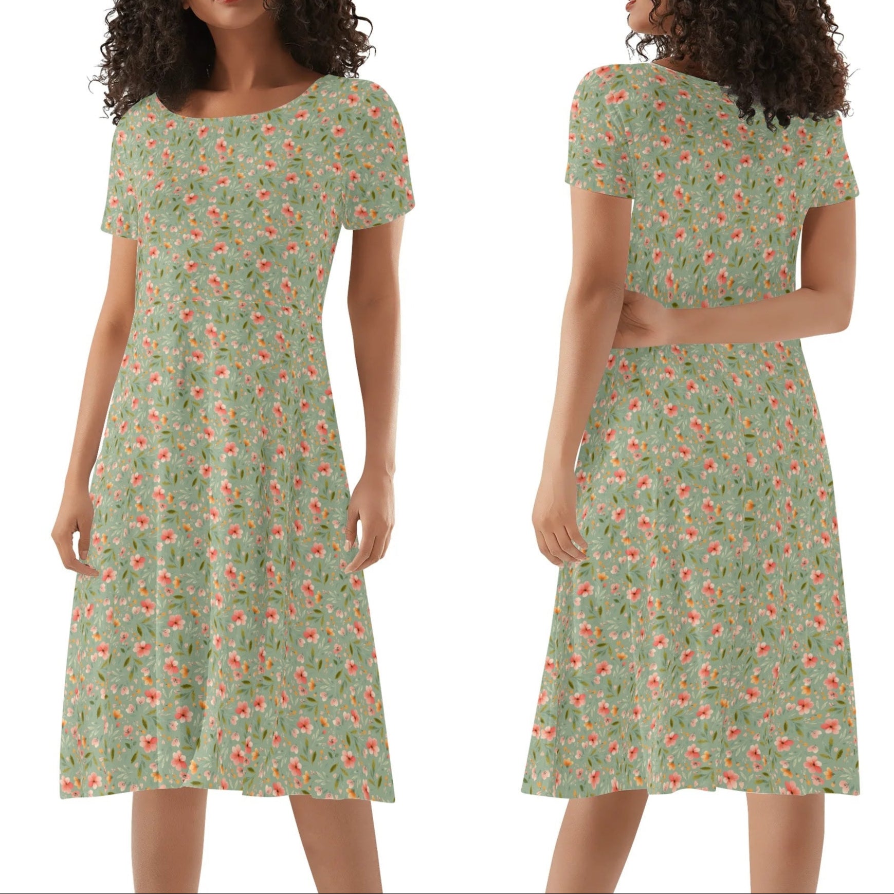 Woman wearing a green floral dress, shown from front and back views.