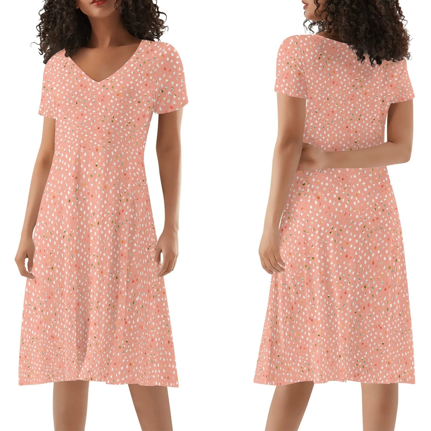 Woman wearing a peach floral dress, shown from front and back views.