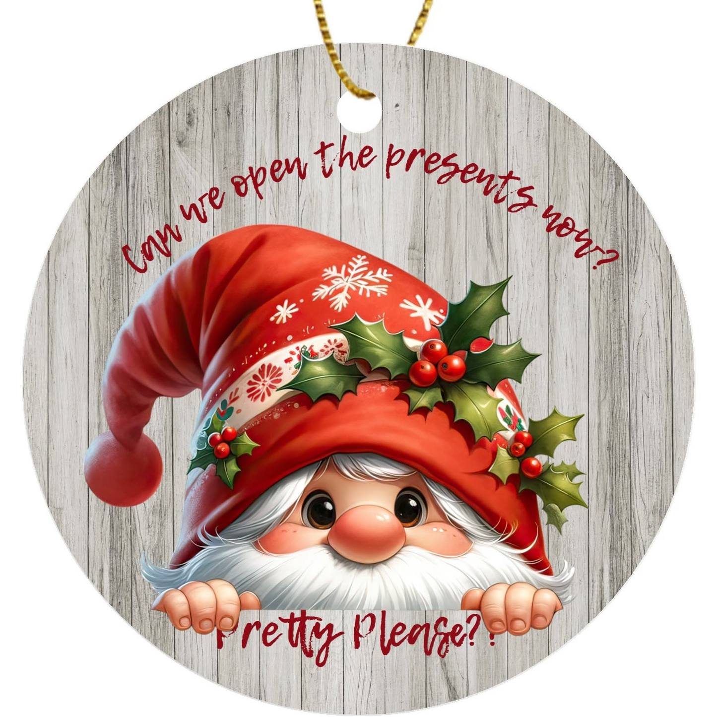 Circular Christmas ornament with a gnome wearing a red hat and holly decorations, on a wooden background.