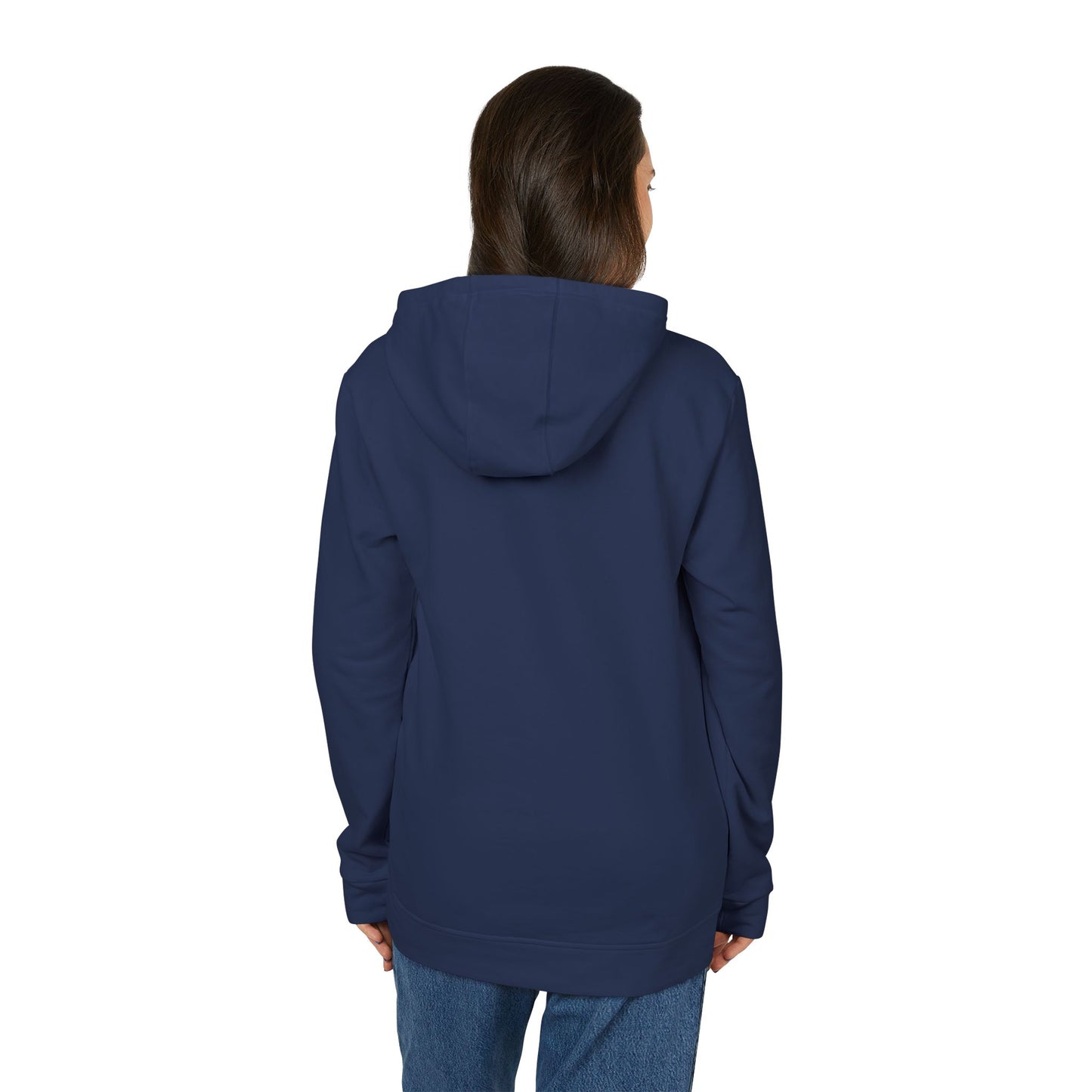 Person wearing a blue hoodie from behind on a white background