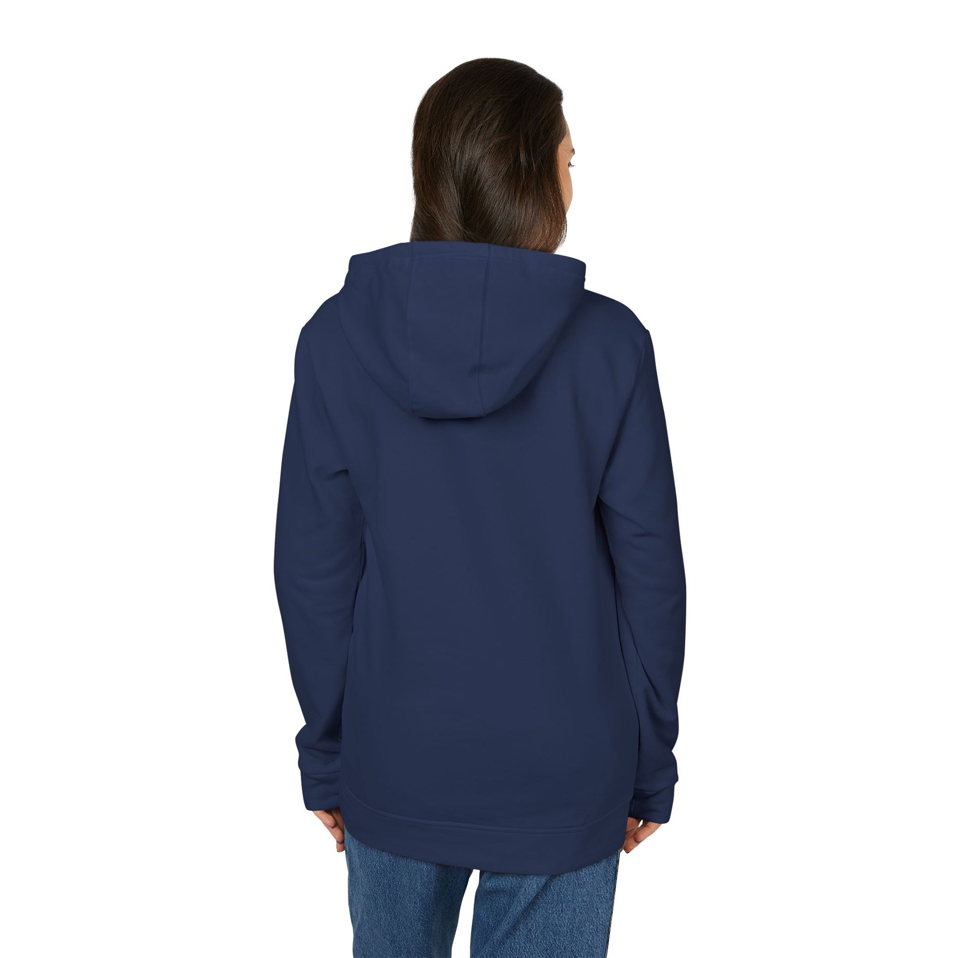 Person wearing a blue hoodie from behind on a white background