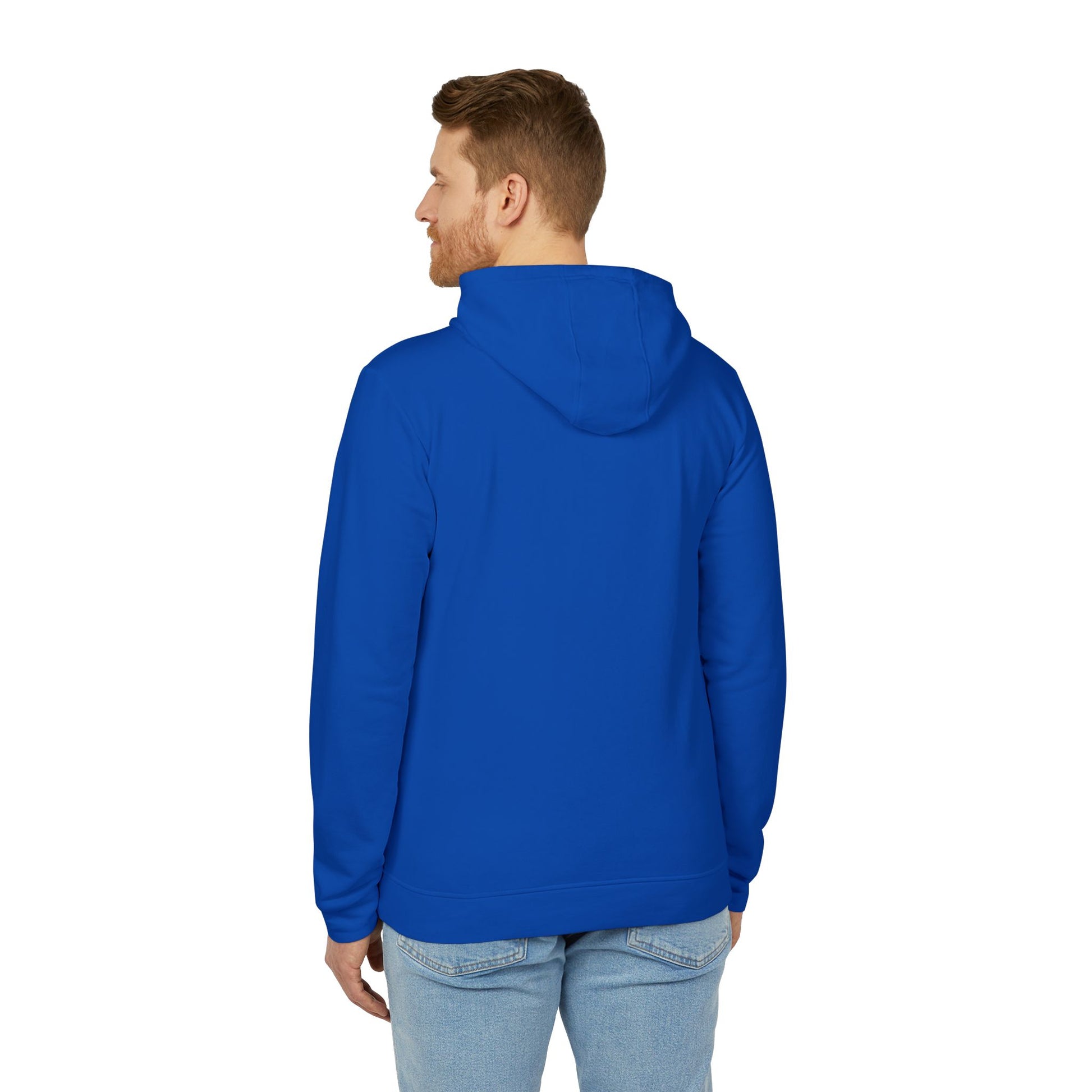 Man wearing a blue hoodie on a white background