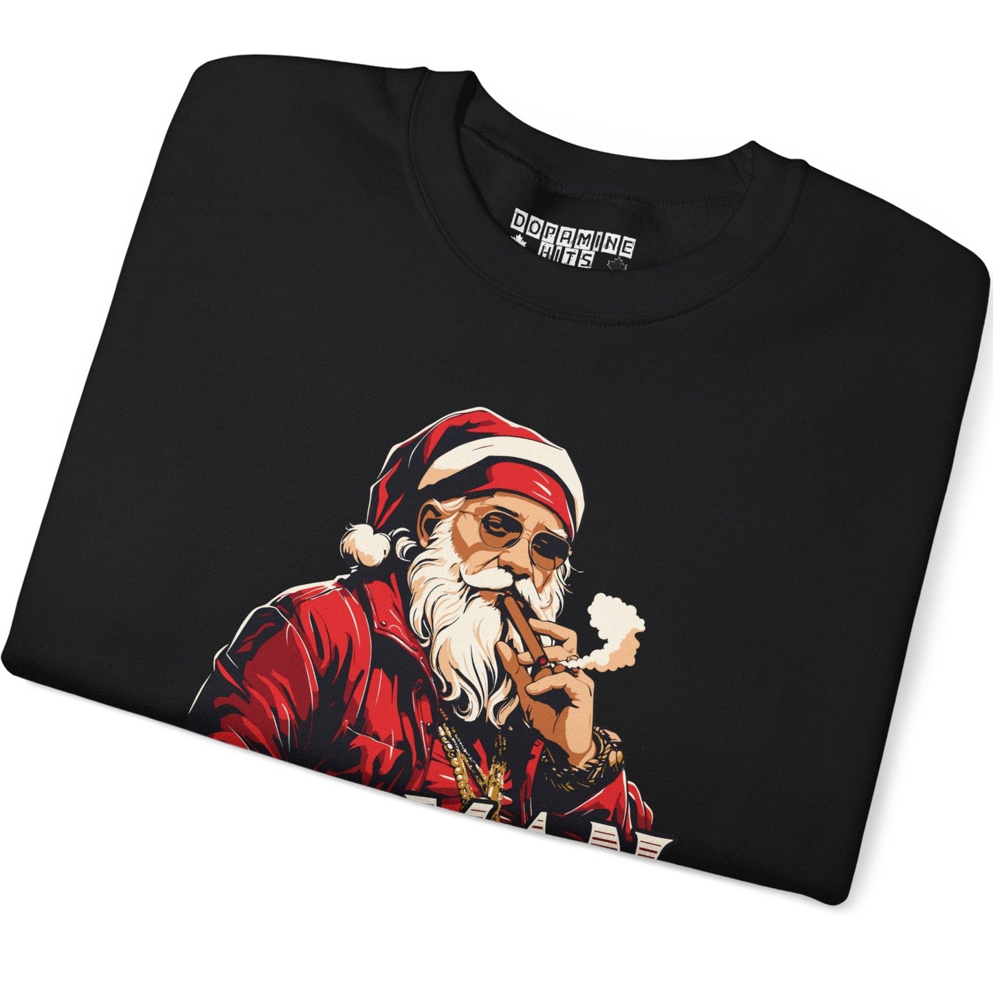Black sweatshirt with a graphic of a smoking Santa Claus on a white background