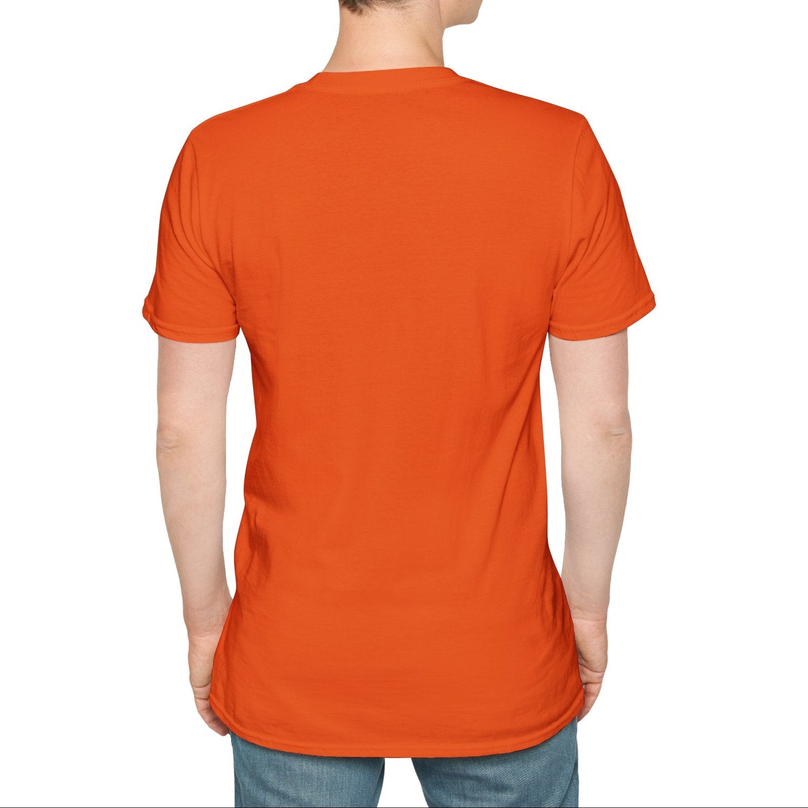 Person wearing an orange t-shirt on a white background