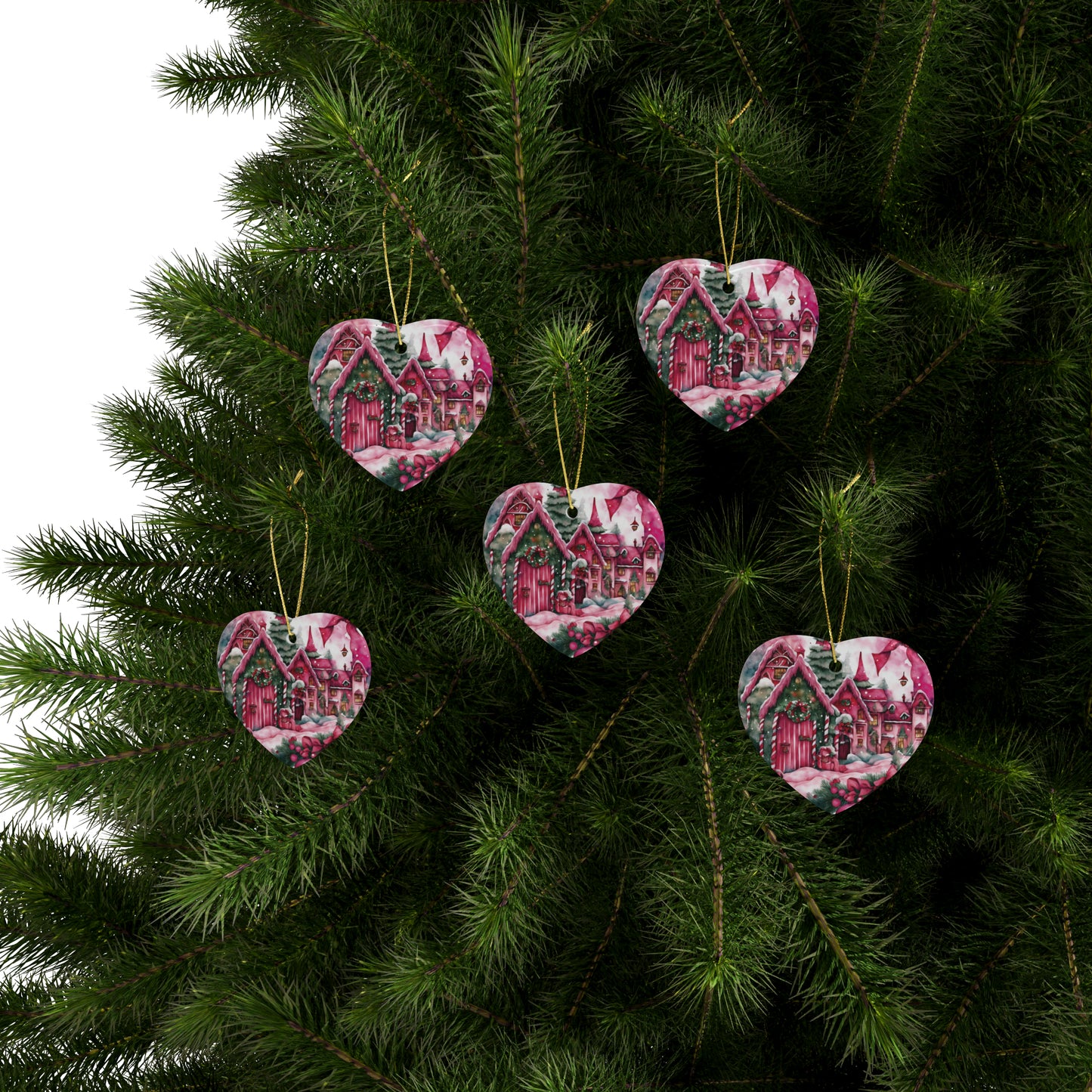 Idyllic Fantasy Christmas Scene | Pink Ceramic Ornaments (1pcs, 5pcs, 10pcs, 20pcs) - 26