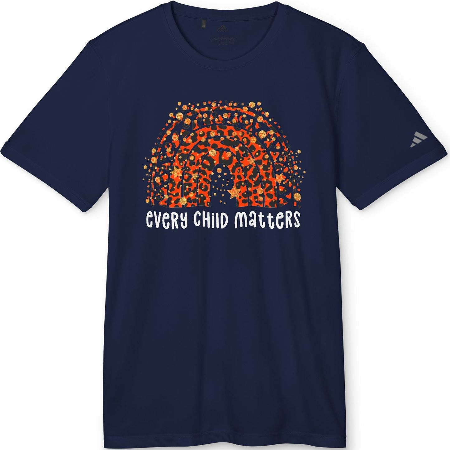 Navy blue t-shirt with a colorful graphic and 'Every Child Matters' text on a white background