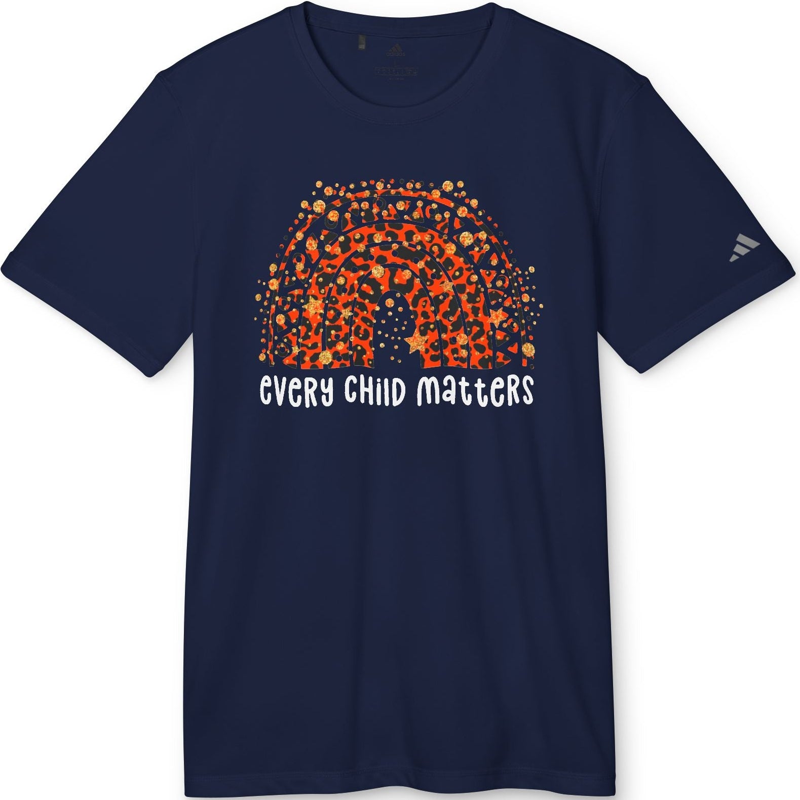 Navy blue t-shirt with a colorful graphic and 'Every Child Matters' text on a white background