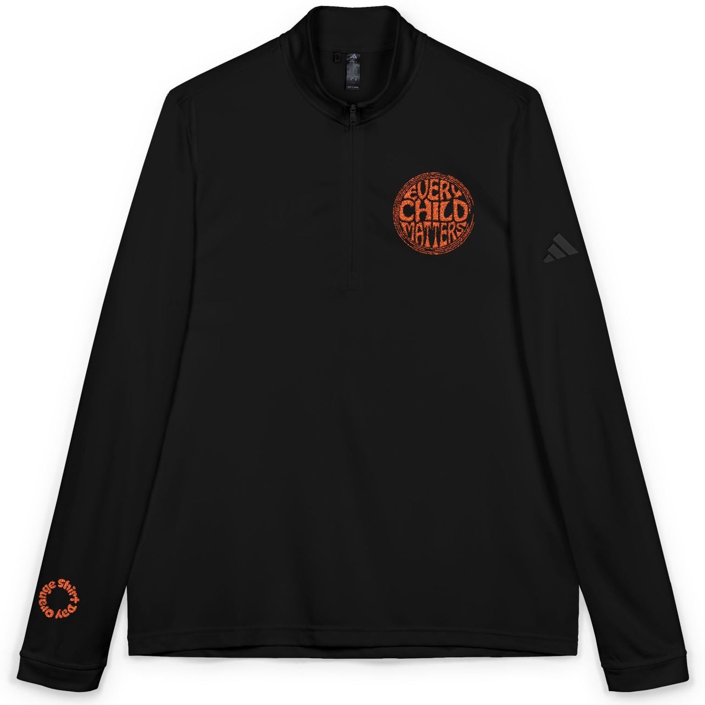 Black long-sleeve shirt with orange logo on a white background