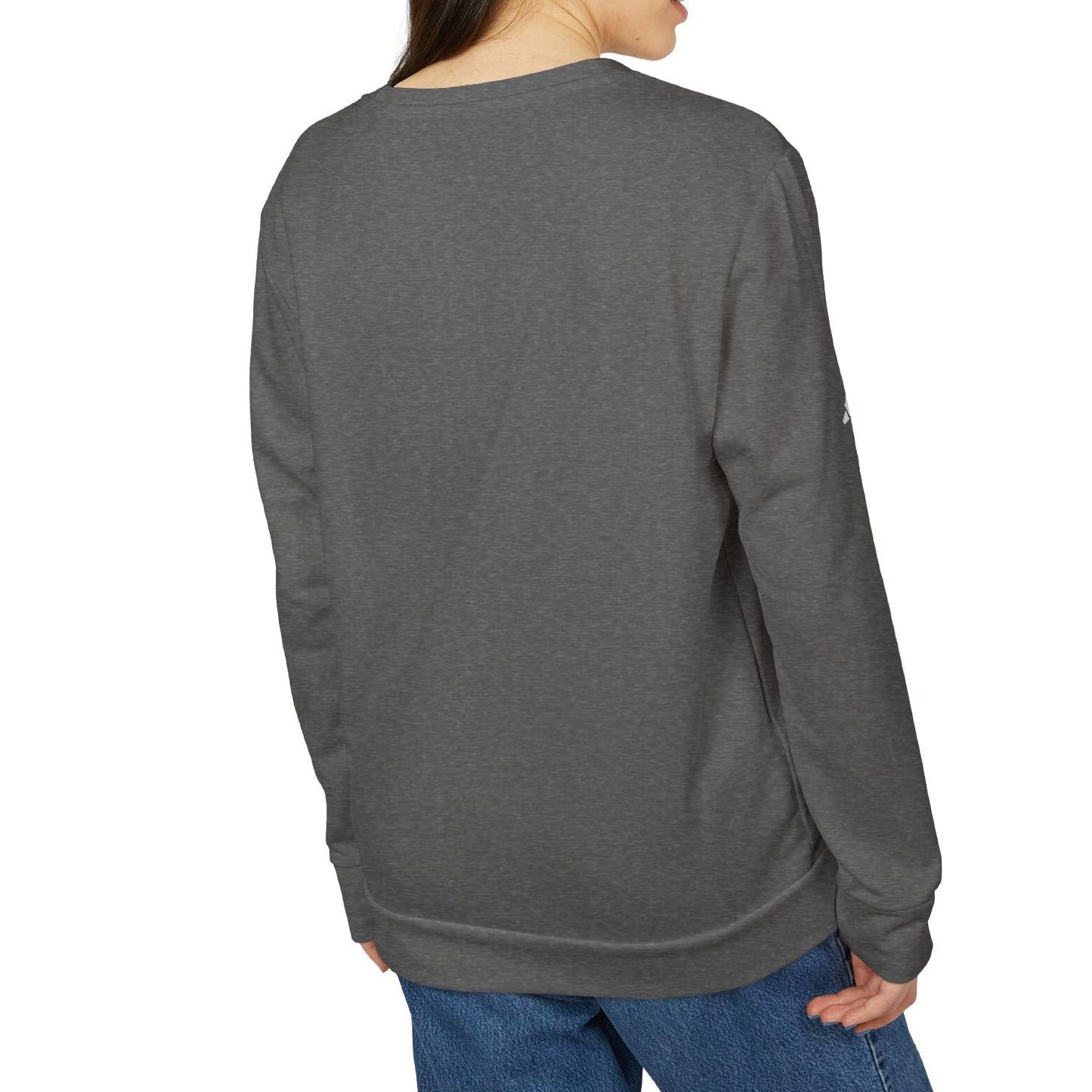 Person wearing a gray sweatshirt on a white background