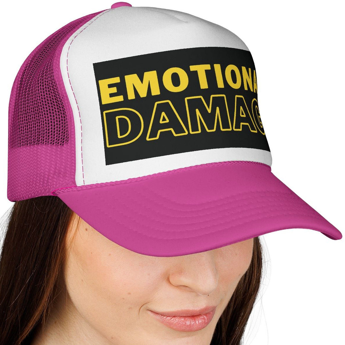 Person wearing a pink and white cap with 'Emotional Damage' text on a white background