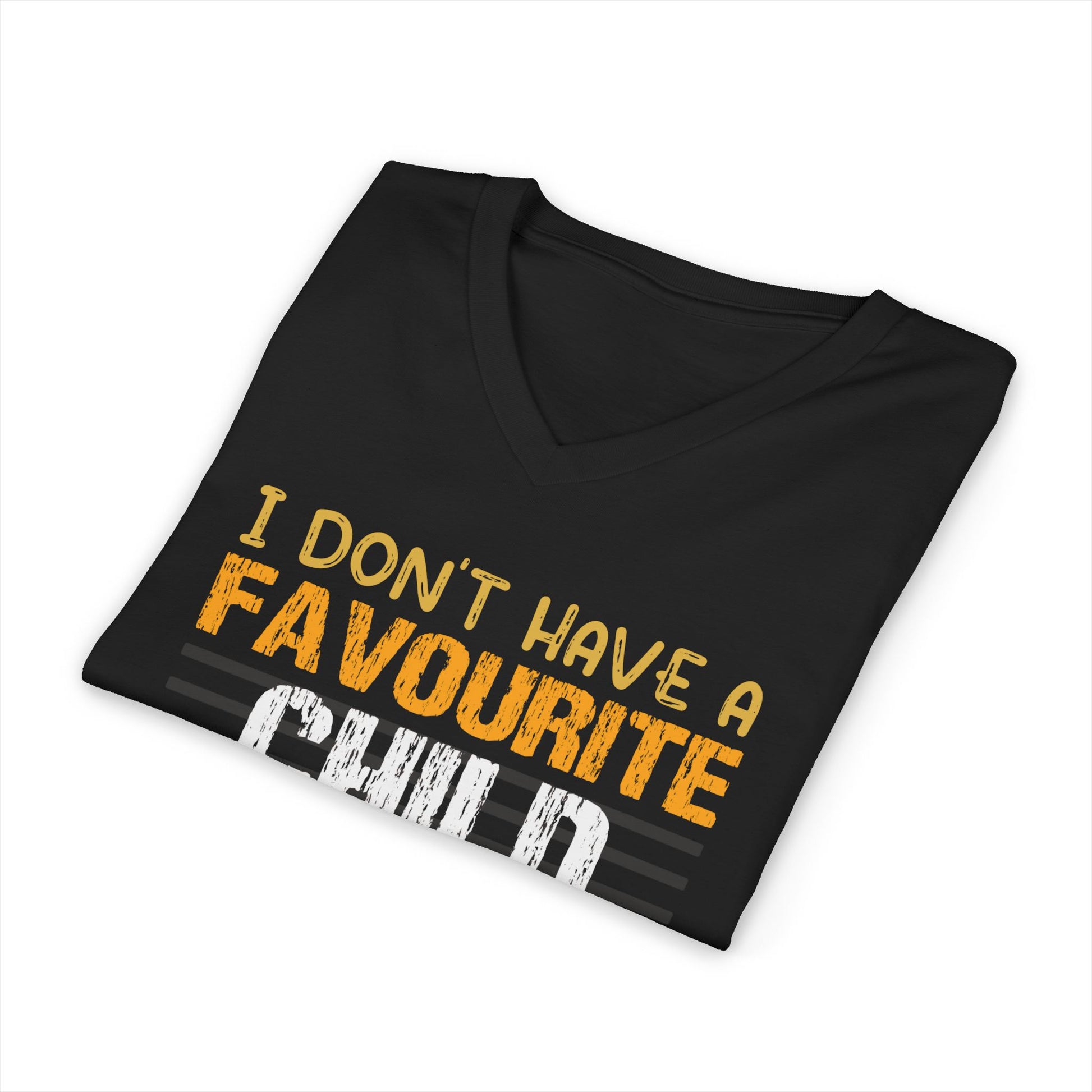 Black t-shirt with yellow and white text on a white background