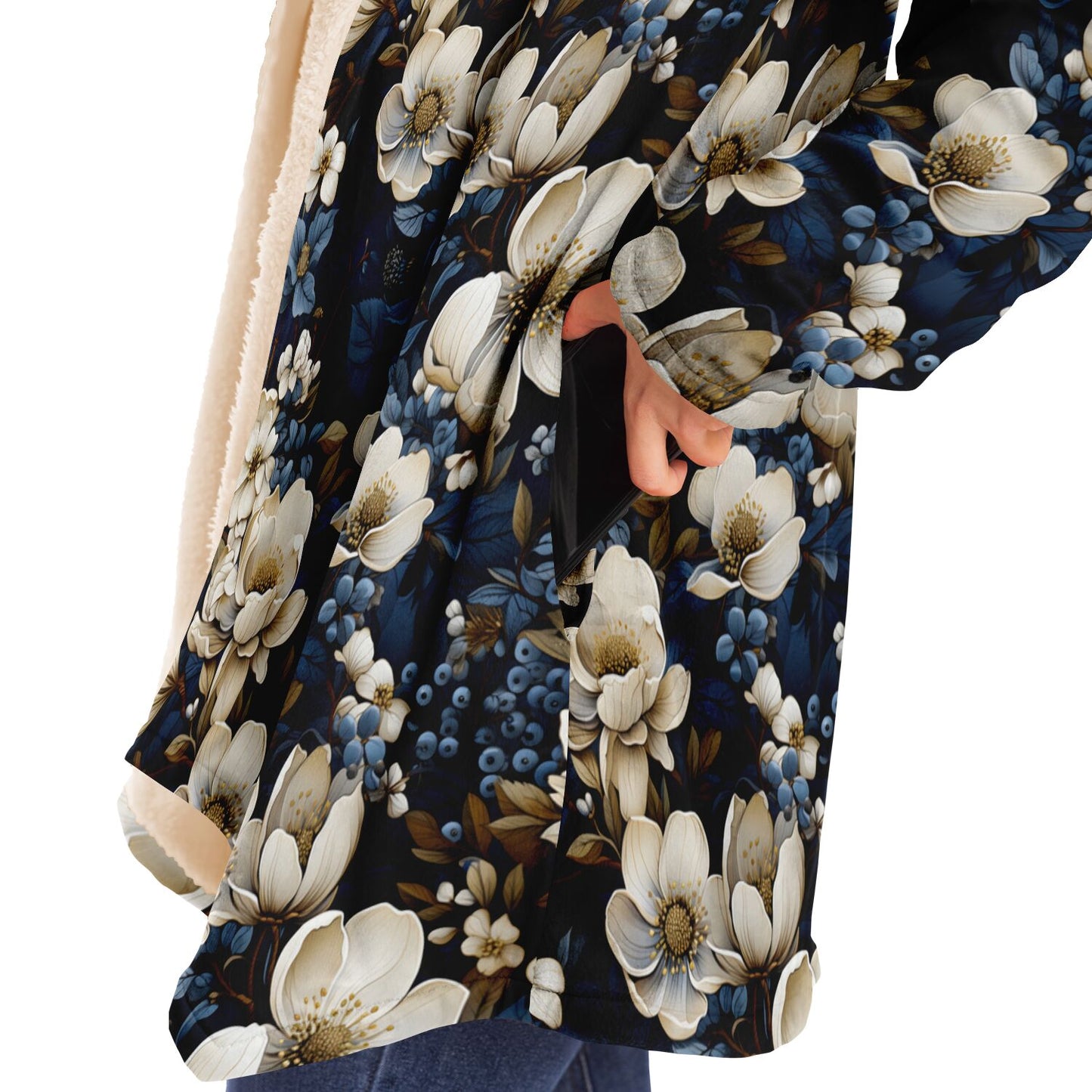 Blue Winter Floral Microfleece Cloak