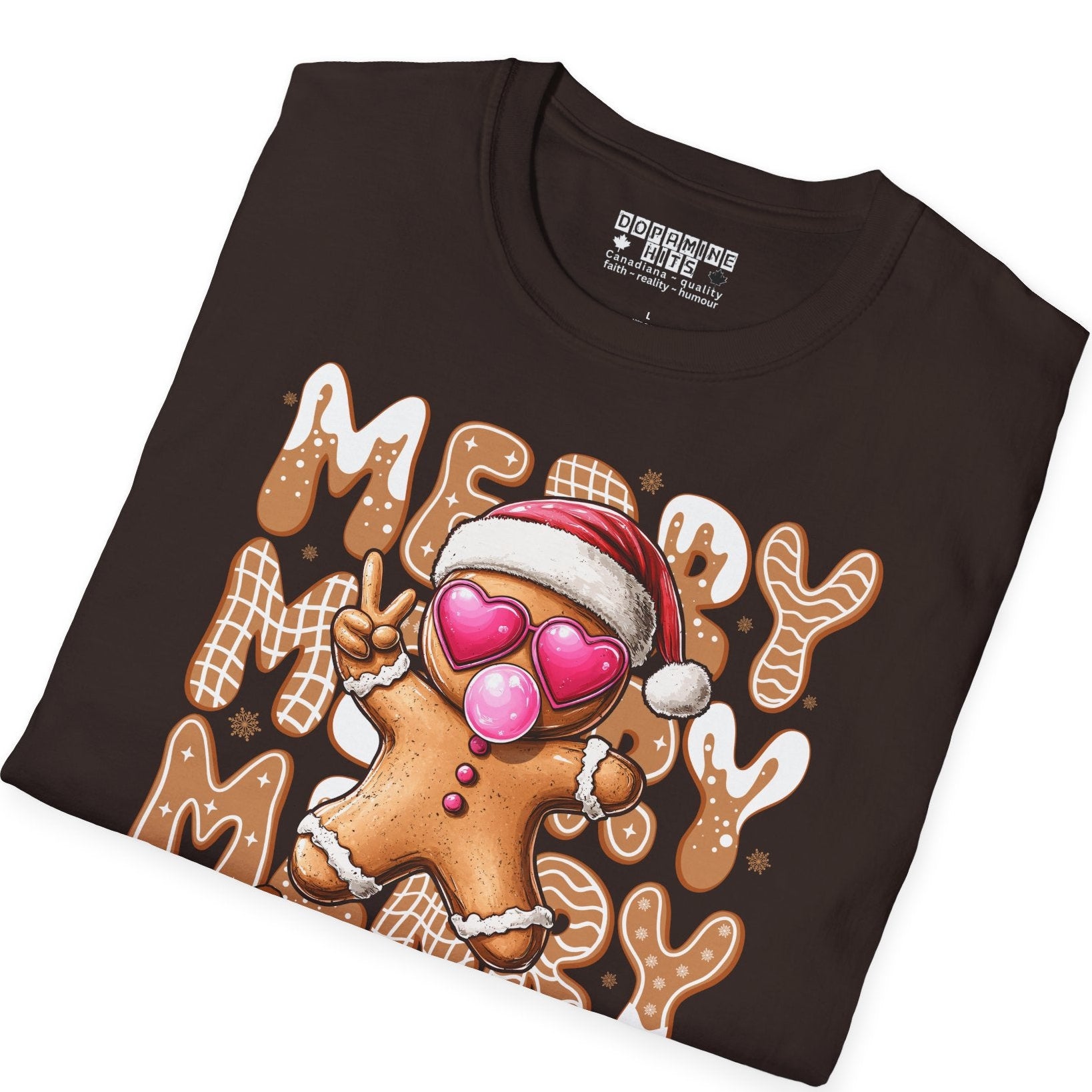 Folded black t-shirt with gingerbread man design and 'Me Myself & I' text on a white background