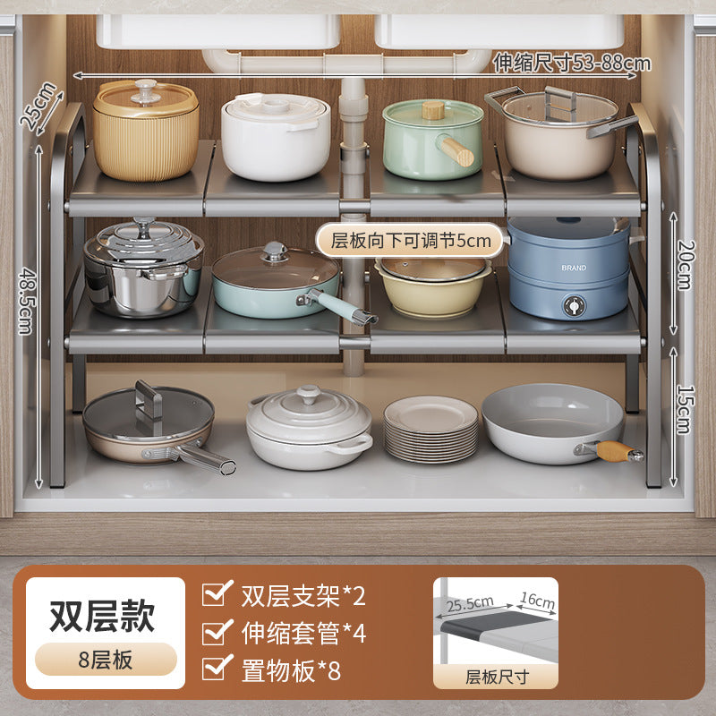 Kitchen cabinet with pots, pans, and bowls on shelves, featuring adjustable shelves and dimensions.