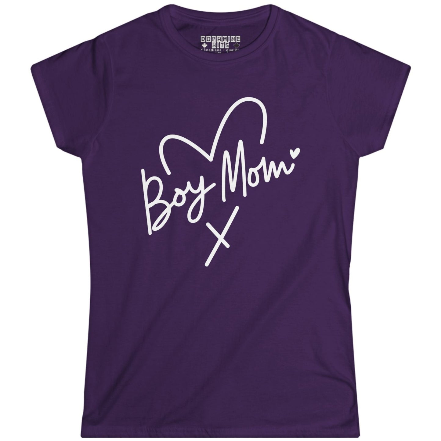 Purple t-shirt with 'Boy Mom' text on a white background
