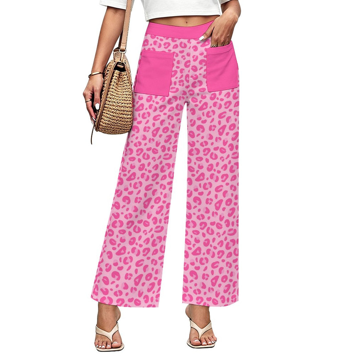 Pink Leopard Print | Women's Straight Wide-Leg Crop Pants