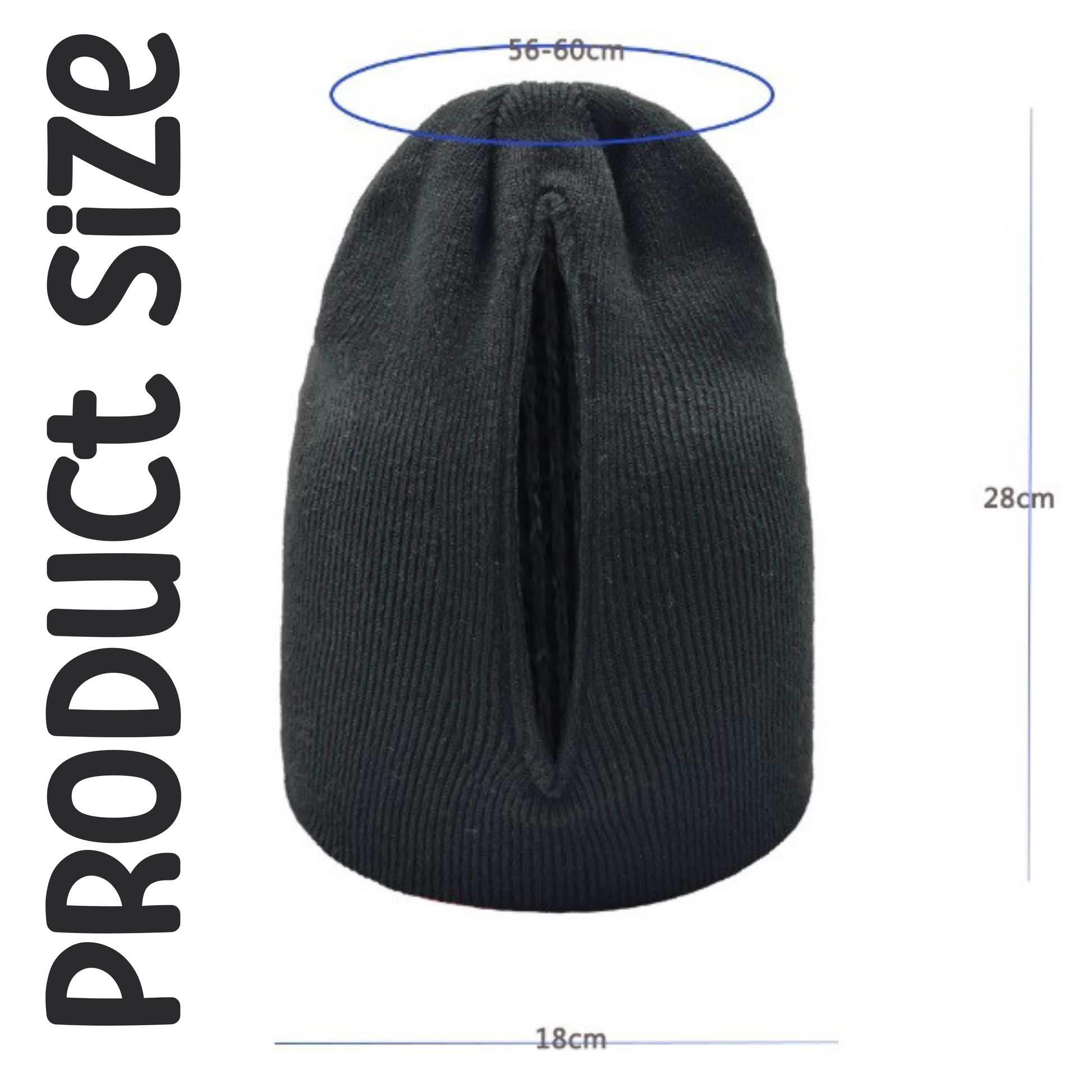 Black knit beanie with measurements on a white background
