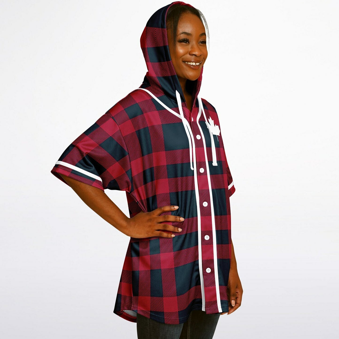 True North Strong and Free | Hooded Baseball Jersey - Red Plaid
