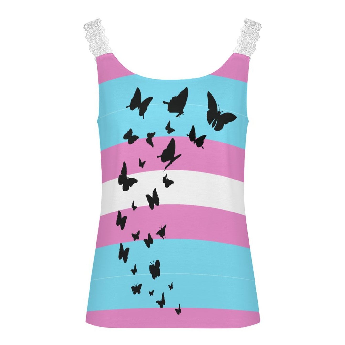 Butterflies on a Transgender Flag | Women’s Lace Trim Cami Tank Top – Soft Stretch Everyday Essential