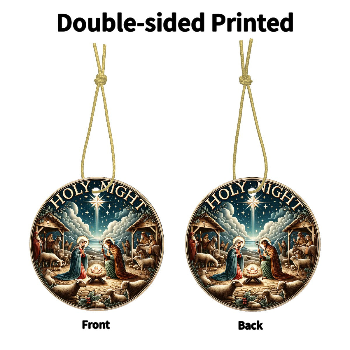 Two Christmas ornaments showing a Nativity scene on both sides with 'Holy Night' text.