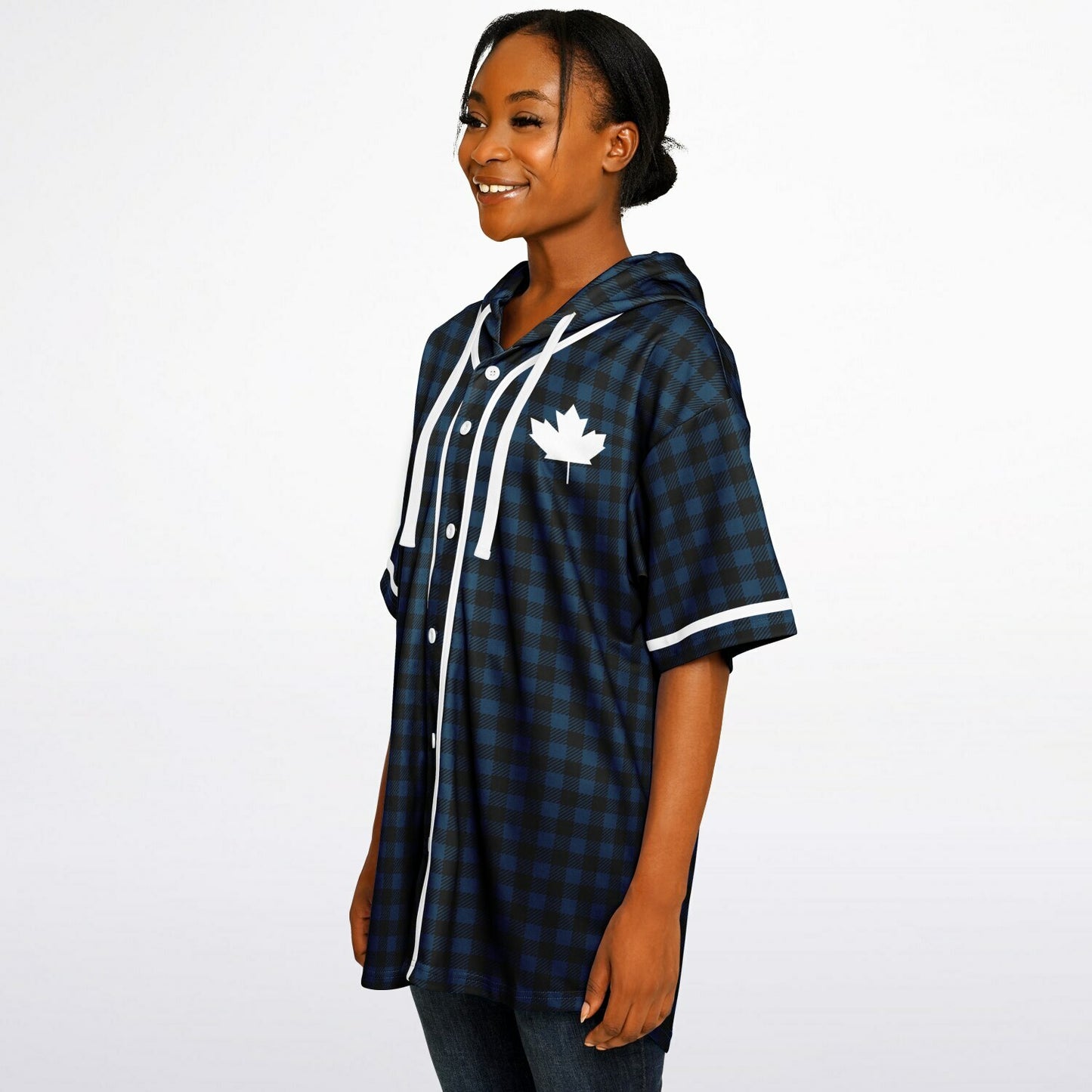 True North Strong and Free | Plaid Hooded Baseball Jersey - Navy
