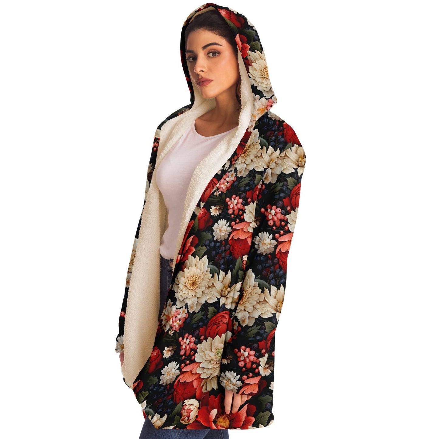 Red Winter Flowers Microfleece Cloak