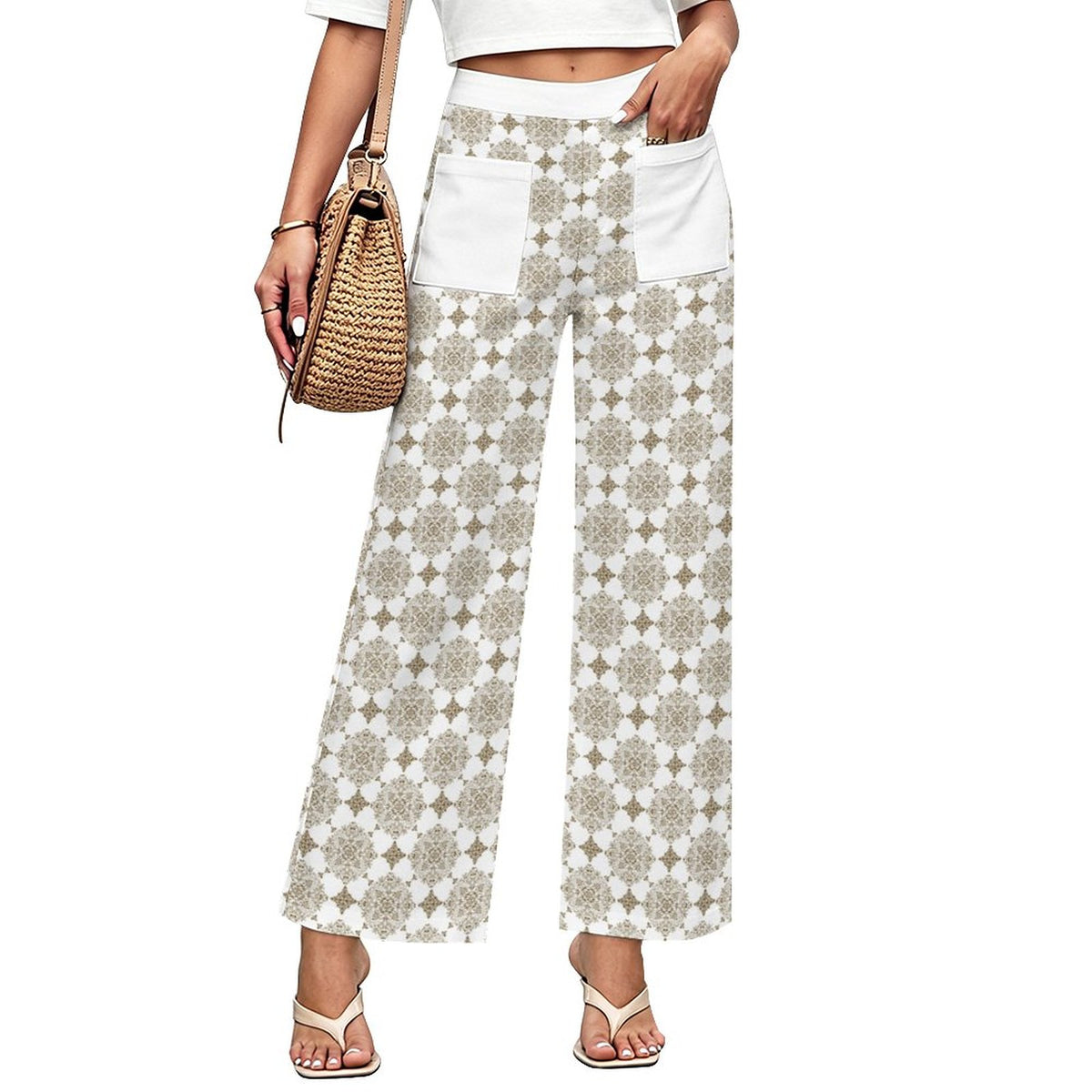 Tan Mosaic Tiles | Women's Straight Wide-Leg Crop Pants