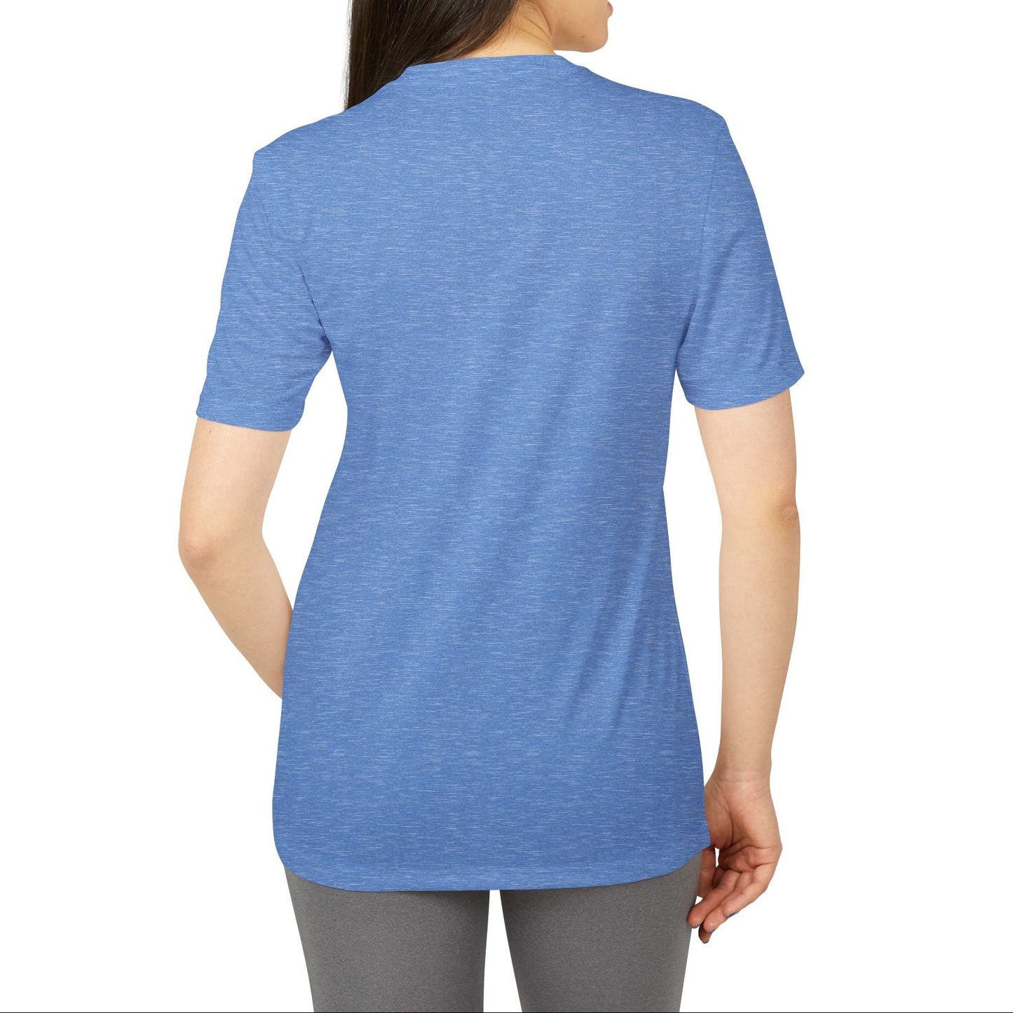 Woman wearing a blue t-shirt on a white background